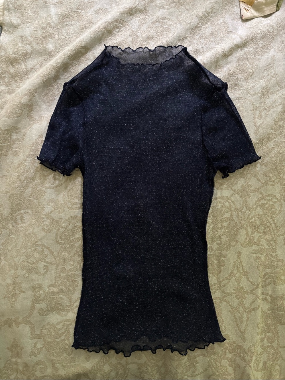Dark Navy Short Sleeve Sparkle Mesh Top